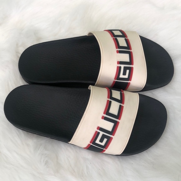 Gucci Unisex Black White Open Toe Flat Slip On Slide Sandals Authentic - Picture 3 of 10